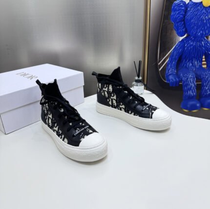 2024ss Dior Knit High Sneakers - Black and White Flyweave Shoes