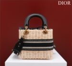 Christian Dior Lady Dior Natural Wicker and Blue Dior Oblique Jacquard Handbag - Bag - Image 3