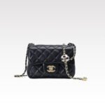 Chanel Classic Flag Bag CC Pearl Crush Mini Square Flap Bag Black Calfskin Antique Gold Hardware - Bag
