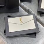 SAINT LAURENT Uptown YSL Monogram Leather Envelope Clutch Bag White-Gold hardware - Bag