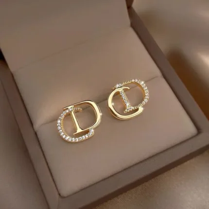 CD Dior Letter Earring Studs Cubic Diamond 14 K  Gold Filled  1/2 in - Accessories