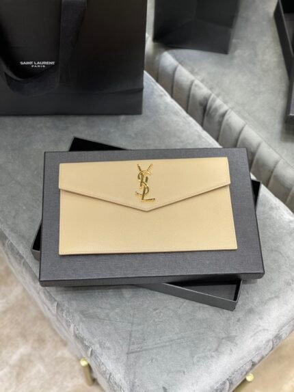 SAINT LAURENT Uptown YSL Monogram Leather Envelope Clutch Bag Beige-Gold hardware - Bag
