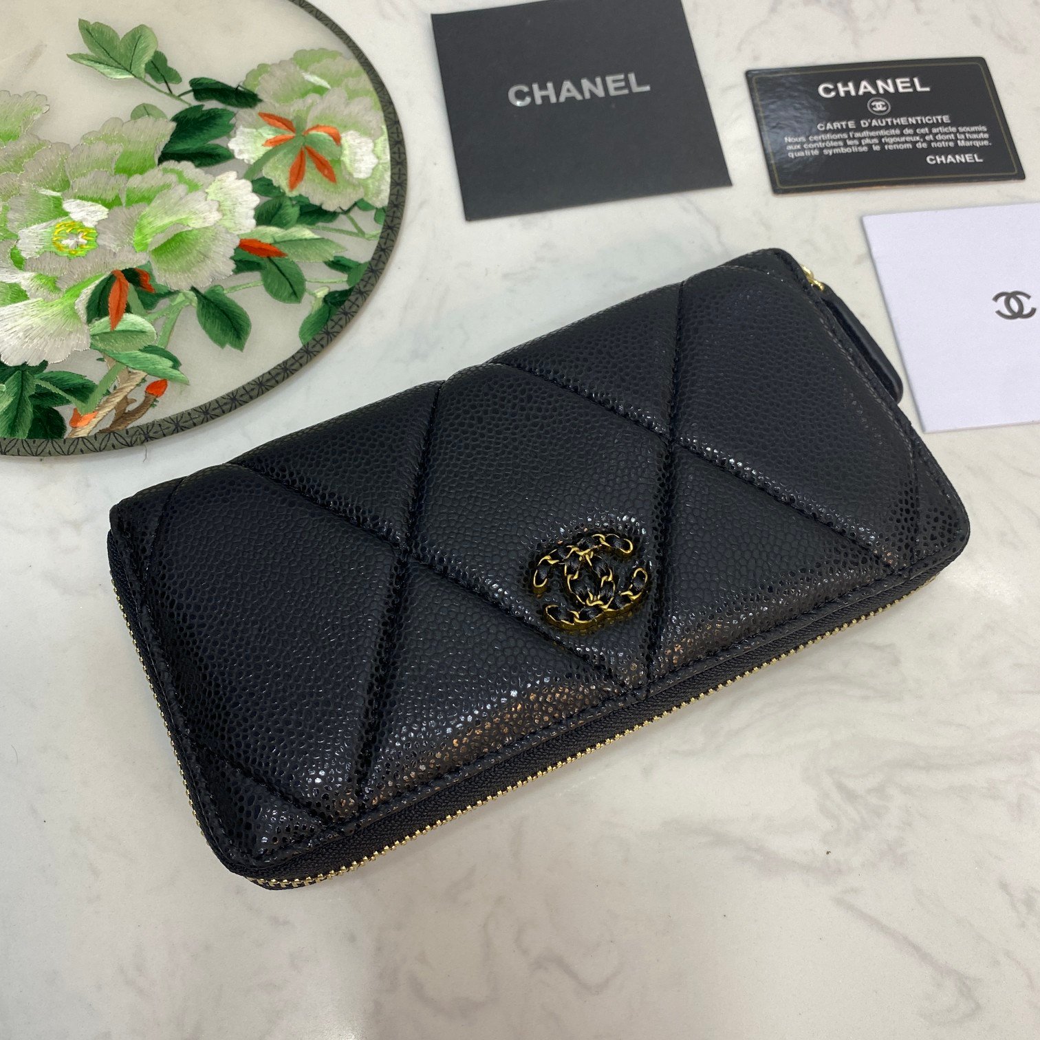 28019455bcfe58e5b6a04458bd749043 Chanel Boy Zip Around Wallet Quilted Caviar Long-Fishseed Pattern Gold Wallet - Image 1
