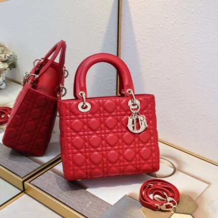 Dior Medium Lady Dior Bag Red Cannage Calfskin Golden Hardware - Bag