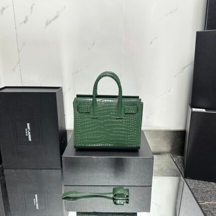 Saint Laurent Green Croc Embossed Leather Nano Classic Sac De Jour Tote - Bag