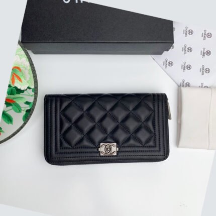 Chanel Zip Around Wallet Quilted Caviar Long-Plain Silver Wallet