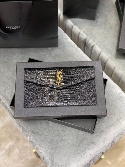 SAINT LAURENT Uptown  POUCH IN CROCODILE-EMBOSSED SHINY LEATHER BLACK-Gold hardware - Bag