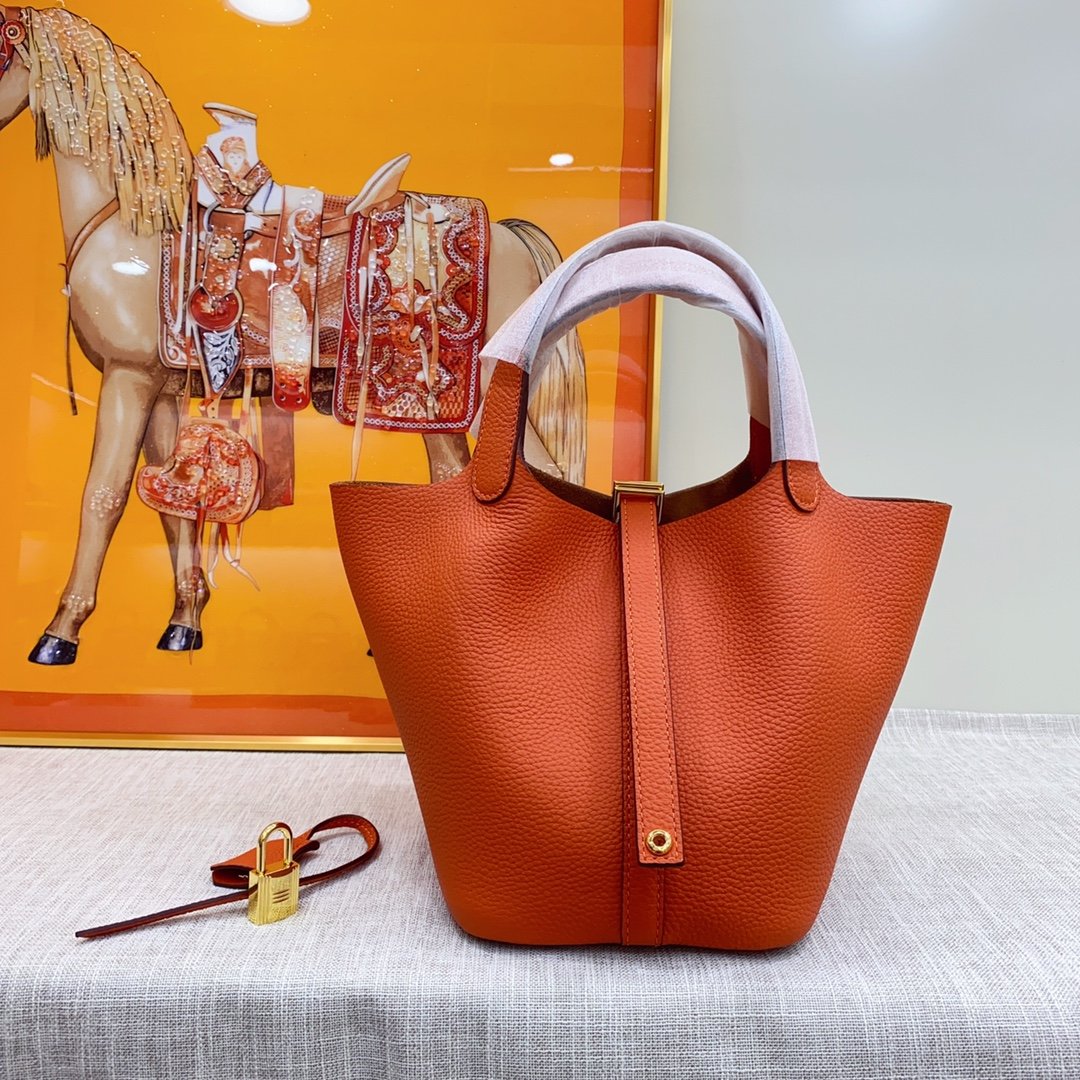 772055f9de3932064d68655b085388bc Hermes Clemence Picotin Lock Bag Golden Hardware-Orange Bag - Image 1