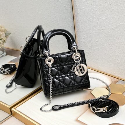 Dior Mini Lady Dior Bag Powder Black Patent Cannage Calfskin Golden Hardware - Bag