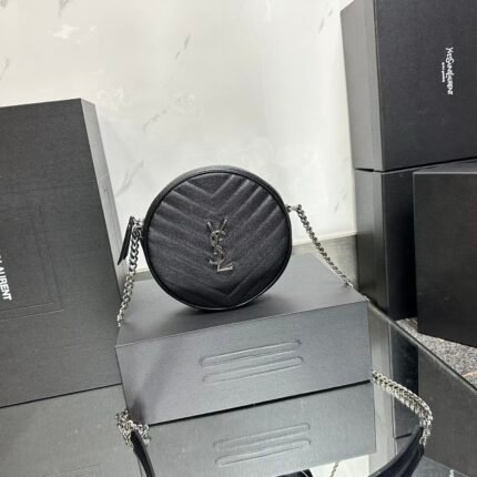 SAINT LAURENT Grain De Poudre Matelasse Chevron Quilted Round Vinyle Camera Bag Deep Marine-Silver hardware - Bag