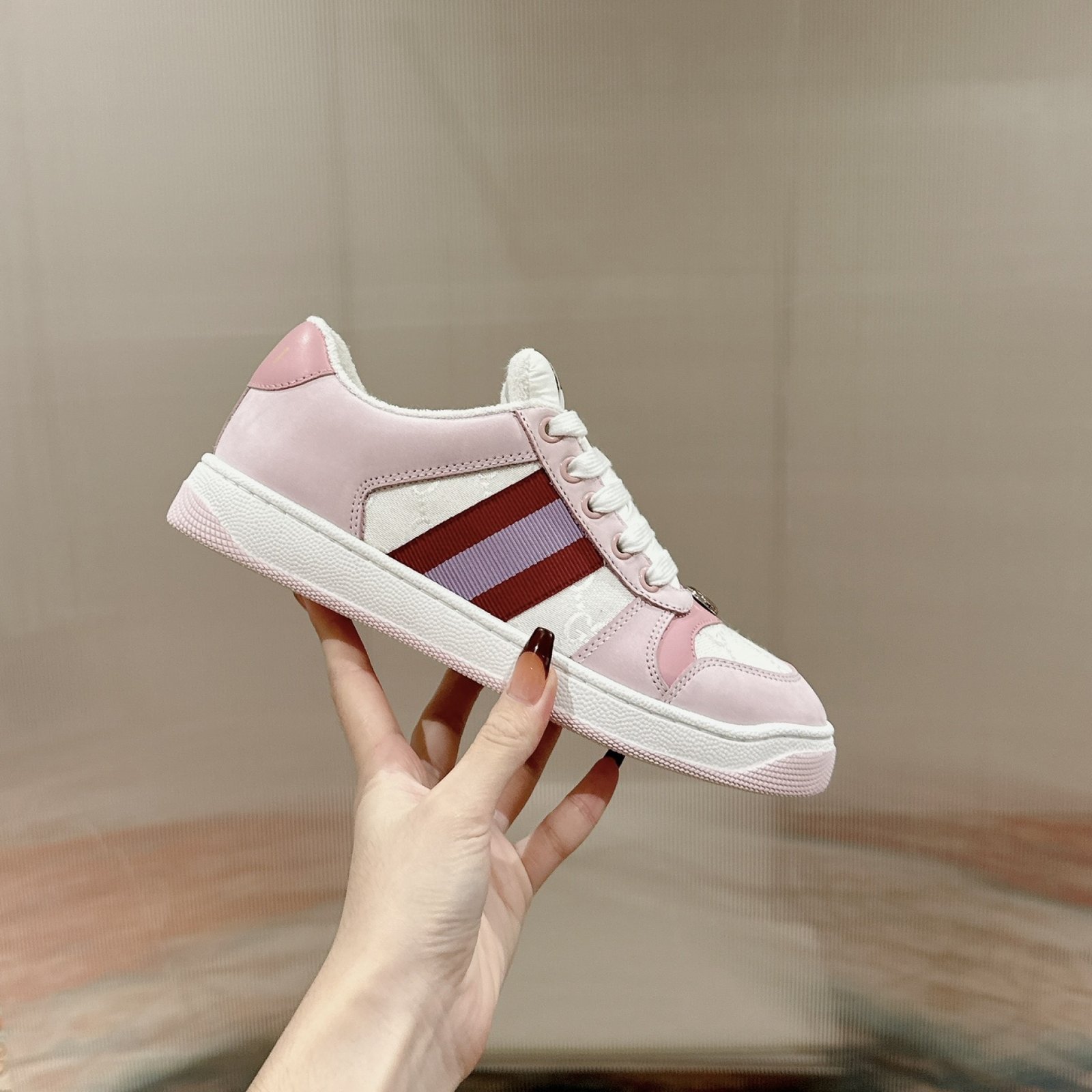 8047b4746d2b2611a9d86245a269544c Gucci Screener trainer with Web Pink and White Sneaker - Shoes - Image 1