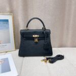 Kelly Togo Cowhide Leather Gold Buckle-Black