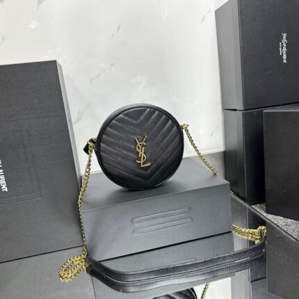 SAINT LAURENT Grain De Poudre Matelasse Chevron Quilted Round Vinyle Camera Bag Deep Marine-Gold hardware - Bag