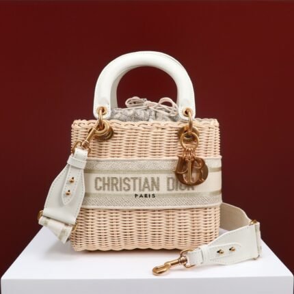 Christian Dior Lady Dior Natural Wicker and Blue Dior Oblique Jacquard Handbag - Bag