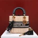 Christian Dior Lady Dior Natural Wicker and Blue Dior Oblique Jacquard Handbag - Bag