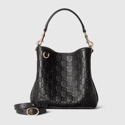 Gucci GG Emblem Small Bucket Bag GG Print Embossed Leather - Black
