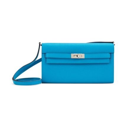 Hermes Bleu Frida Chèvre Mysore Kelly Wallet to Go Palladium Hardware