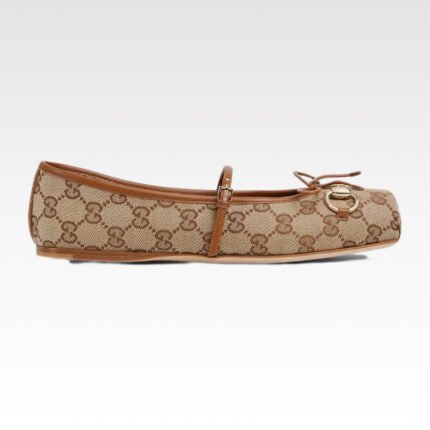 [TOP] Gucci Horsebit Ballet Flat Beige And Dark Drown Original GG Canvas Shoes