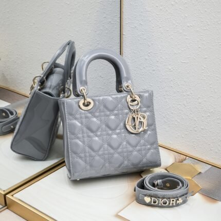 Dior Small Lady Dior Bag Powder Grey Patent Cannage Calfskin Golden Hardware - Bag