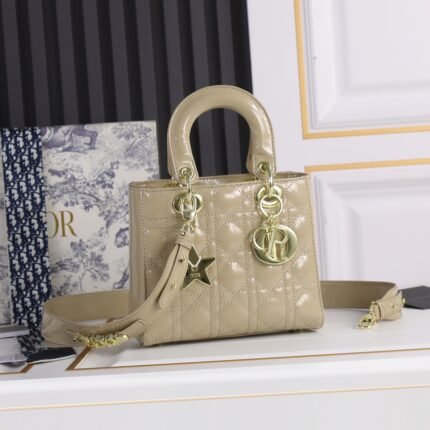 Dior Small Lady Dior Bag Powder Sand-Colored Patent Cannage Calfskin Golden Hardware - Bag