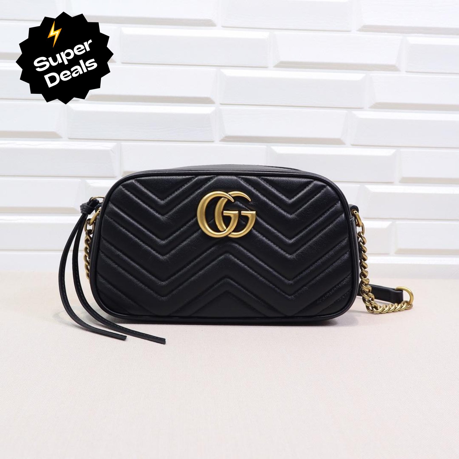 a011e1b996275c72fc36dd550245c028 GUCCI Calfskin Matelasse GG Marmont Chain Shoulder Bag Black - Bag - Image 1