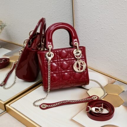 Dior Mini Lady Dior Bag Powder Cherry Red Patent Cannage Calfskin Golden Hardware - Bag