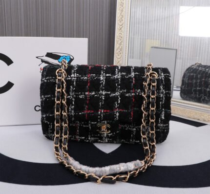 Chanel Wool Tweed Black Classic Flag Bag Medium - Bag
