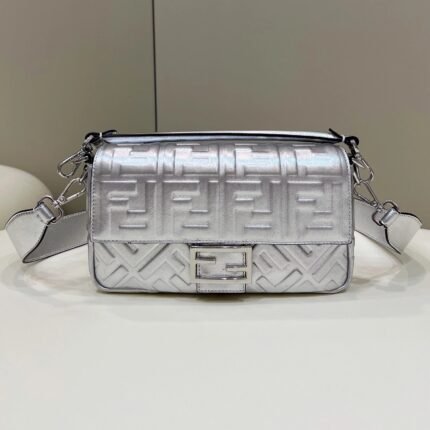 Fendi Silver Metallic Nappa Embossed Baguette Bag