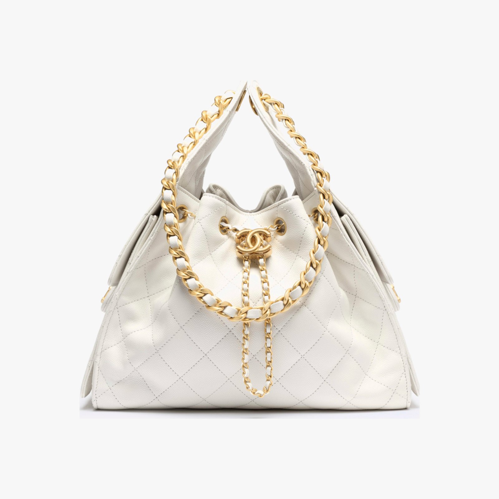 b64e32bff948ff58e54b78be3d2c02be CHANEL 25 Small Handbag Grained Calfskin & Gold-Tone Metal White -Bag - Image 1