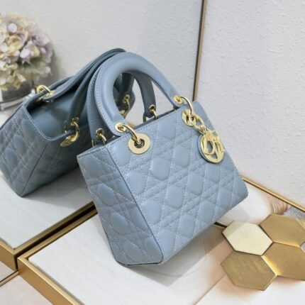 Dior Small Lady Dior Bag Blue Cannage Calfskin Golden Hardware - Bag