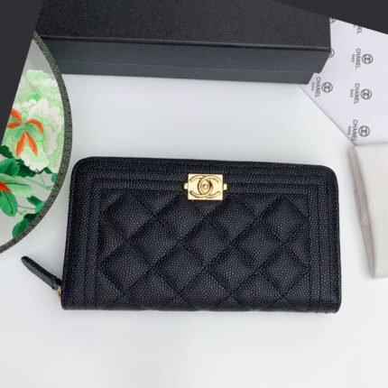 Chanel Zip Around Wallet Quilted Caviar Long-Fishseed Pattern Gold Wallet