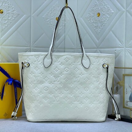 LOUIS VUITTON LV Monogram Empreinte Leatherr Canvas Neverfull MM Cream Bag