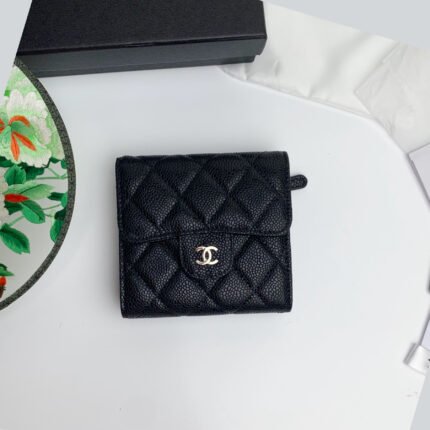 Chanel Flap Compact Wallet Quilted Caviar Gold-tone Black