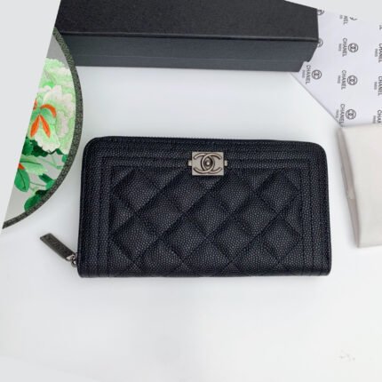 Chanel Zip Around Wallet Quilted Caviar Long-Fishseed Pattern Silver Wallet
