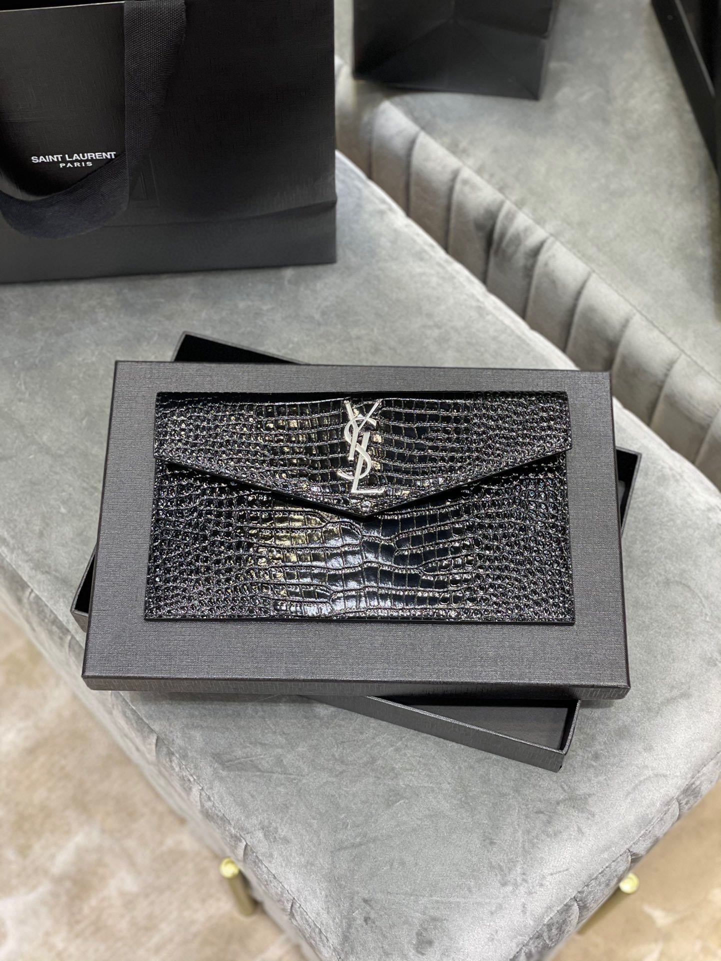 fa1972573a7227eae7500adcfa5f7ea8 SAINT LAURENT Uptown POUCH IN CROCODILE-EMBOSSED SHINY LEATHER BLACK-Silver hardware - Bag - Image 1